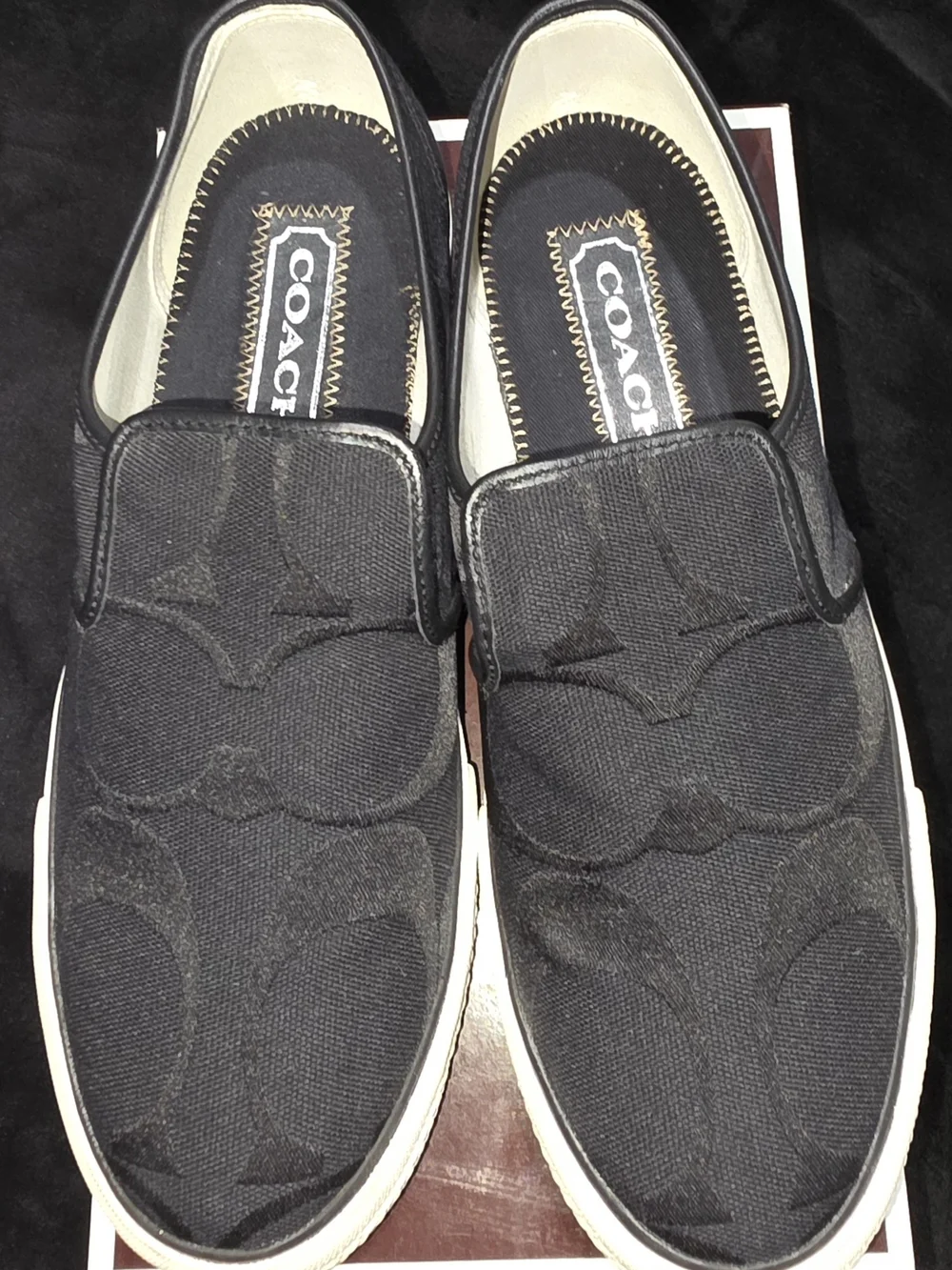 Men's Coach Black Slip-On Logo Canvas Loafers with White Soles - Size 9.5